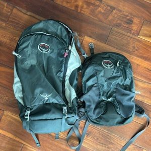Osprey backpack, the smaller one zips to the front of the bigger one
